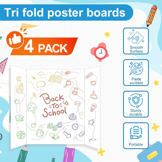4 Pcs Small Trifold Poster Board, 21.4" x 14" Presentation Board, with Double Sided Tapes and Cardboard, White Corrugated Project Boards/Display Board for School Project/Science Fair Display Boards