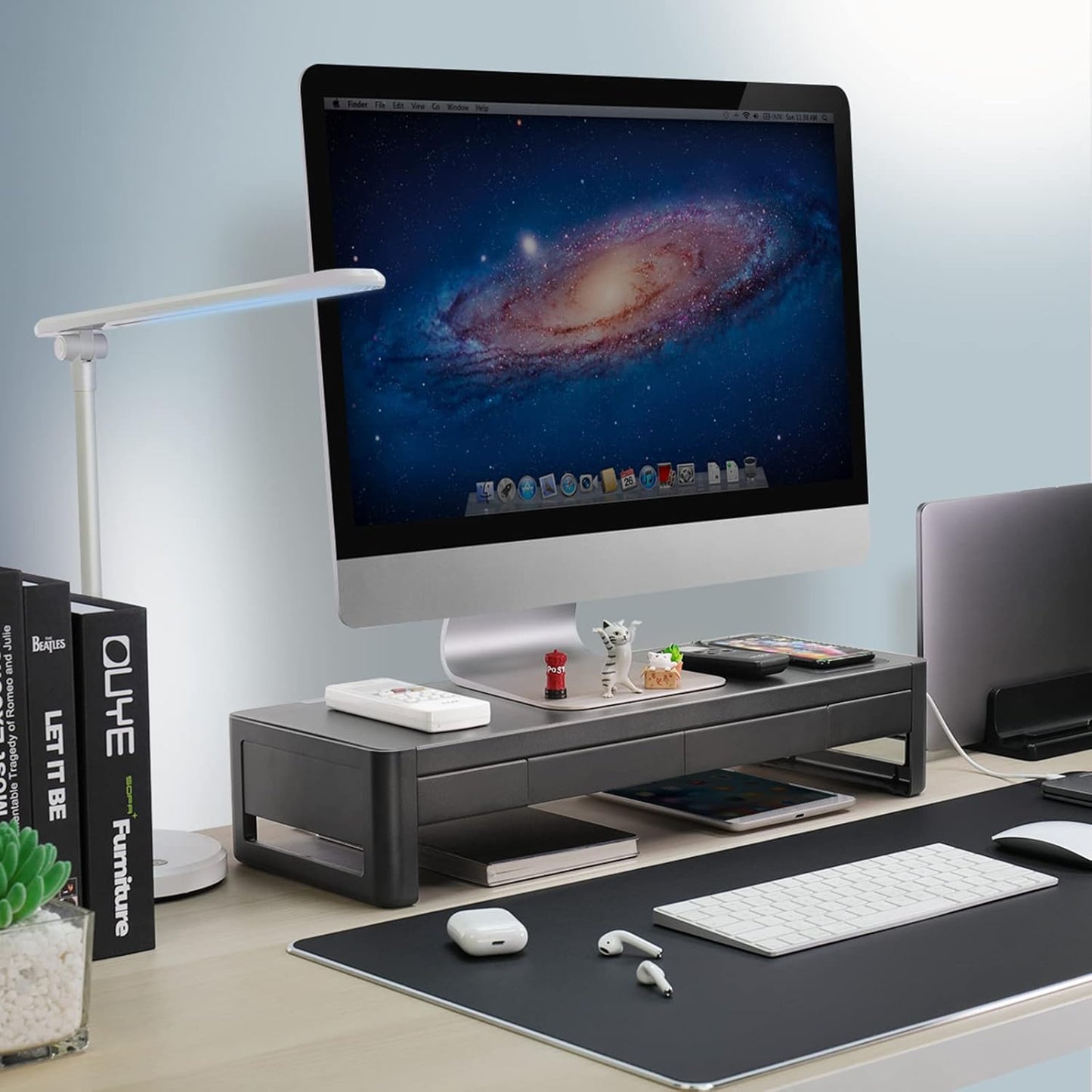 meatanty 3 In 1 Monitor Stand Riser with 2 Drawers,1 Wireless Charging Module and 4 USB Ports,Metal Computer Stand Support Transfer Data & Charging,Desk Organizer for PC,iMac (21 inches)
