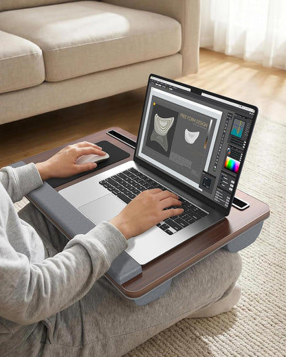 Potuopy Lap Desk- Fits up to 17” Laptop Lap Desk with Wrist Pad, Laptop Lap Pad, Lap Desks for Adults Laptop Stand for Bed with Cushion and 2 Upgraded Mouse Pads, Tablet and Phone Slots (Dark Brown)