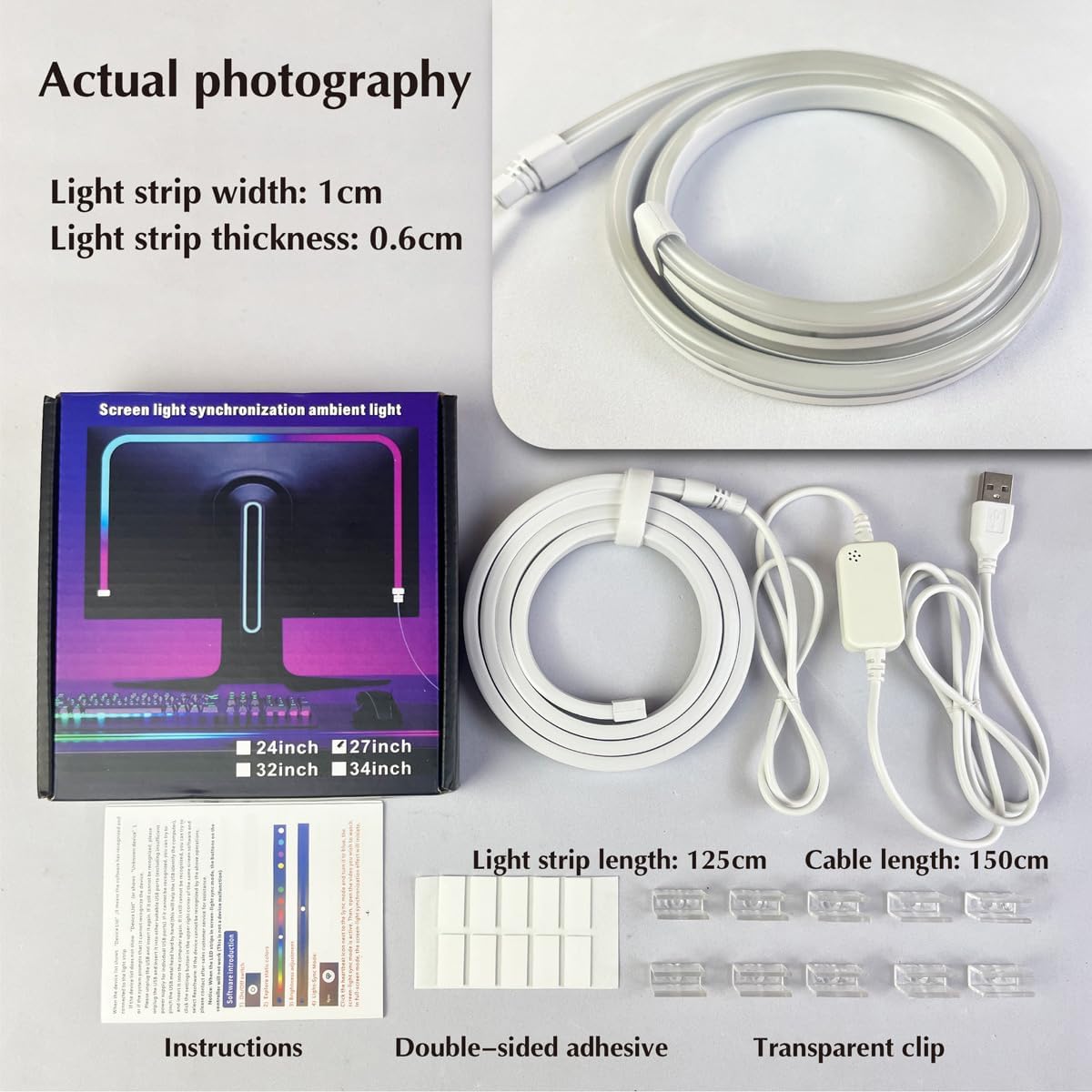 Monitor LED Backlights, LED Strip Light Sync with Screen Color/Music, Computer Light Bar Behind Screen, for PC/Mac, LEDs for Desk Gaming, USB Interface,Software Control (24 inch)