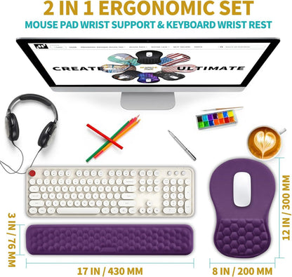 Hokafenle 2 in 1 Ergonomic Mouse Pad Wrist Support & Wrist Rest for Computer Keyboard Set, with Relieve Carpal Tunnel Pain Massage Bulge and Full Memory Gel Design (2In1 Set, Black)