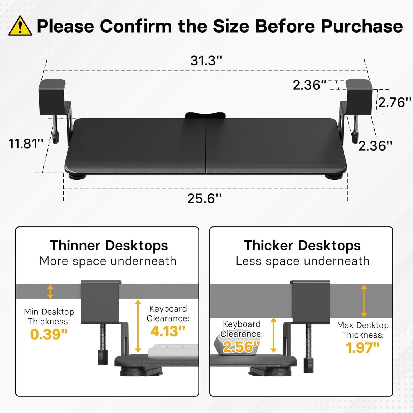 BONTEC KMT01 Under Desk Keyboard Tray, Pull-Out Keyboard & Mouse Platform with C-Clamp, 25.6 x 11.8 in Space-Saving Ergonomic Slide-Out Drawer, White