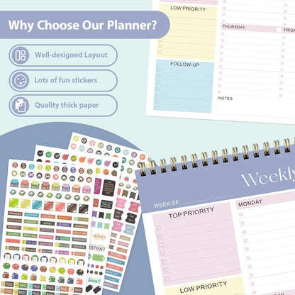 Weekly To Do List Notepad, Undated Planner with 52 Sheets (8.5''x11''), Desk Weekly Planner for Women & Man, Home School & Work