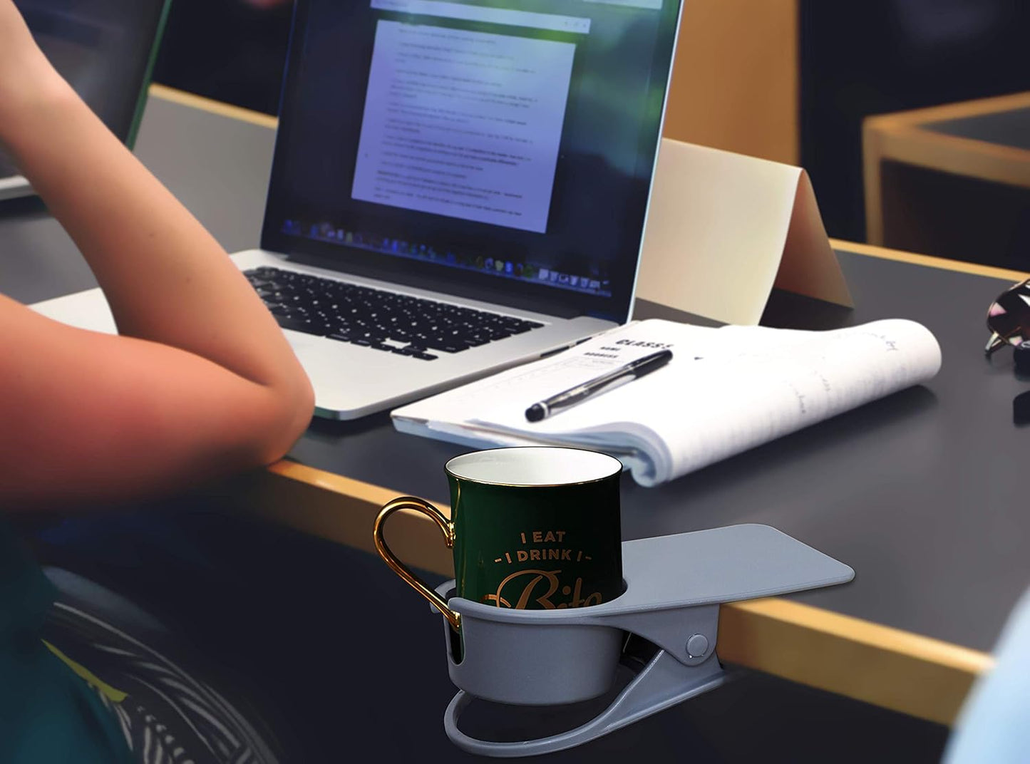 Drinking Cup Clip, Desk Cup Holder, Table Edge Clamp - Place Water Glass, Coffee Mug, Beverage, Cell Phone. Best Office Accessories (Black)