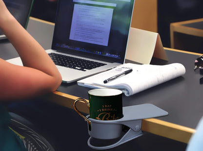 Drinking Cup Clip, Desk Cup Holder, Table Edge Clamp - Place Water Glass, Coffee Mug, Beverage, Cell Phone. Best Office Accessories (Black)