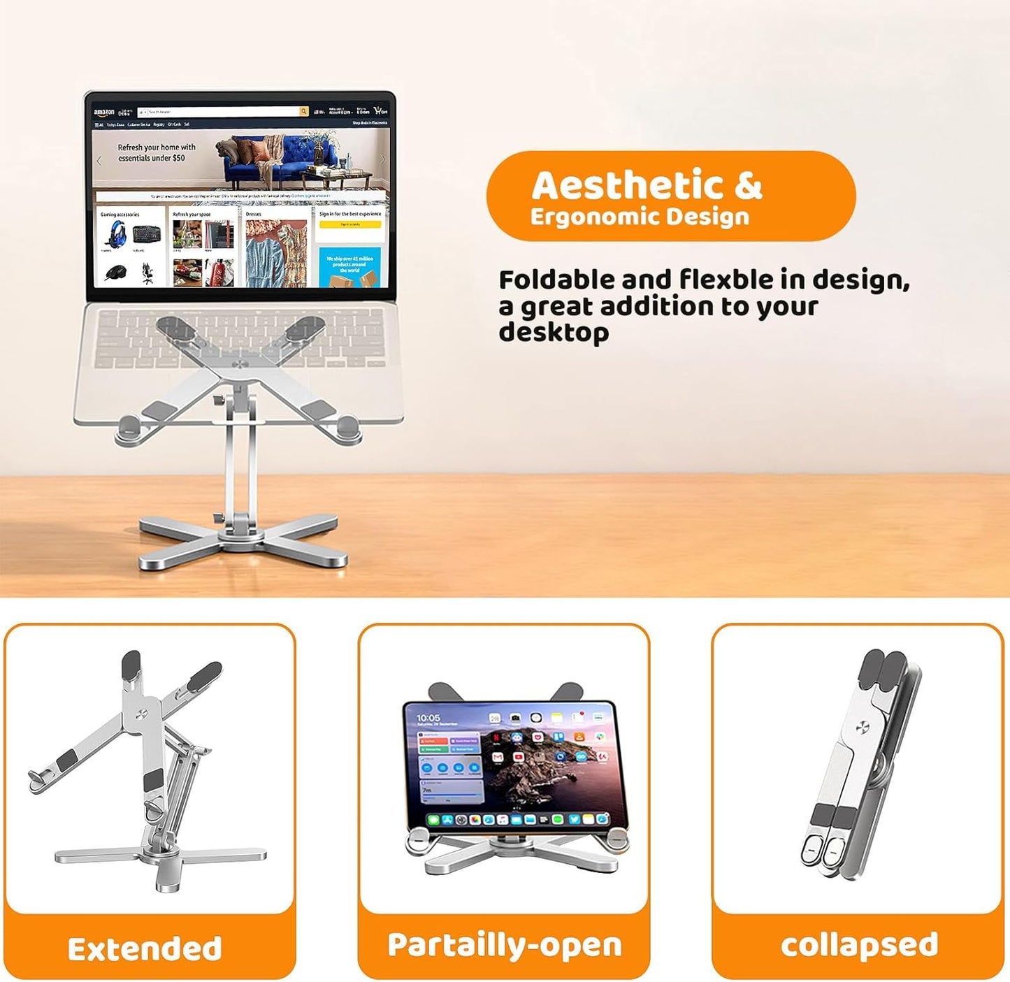 Moallia Laptop Stand with 360 Rotating Base, Computer Notebook Laptop Riser Metal Holder for Desk Collaborative Work, Fully Foldable for Easy Storage, Fits All MacBook, Laptops up to 16 inches, Black