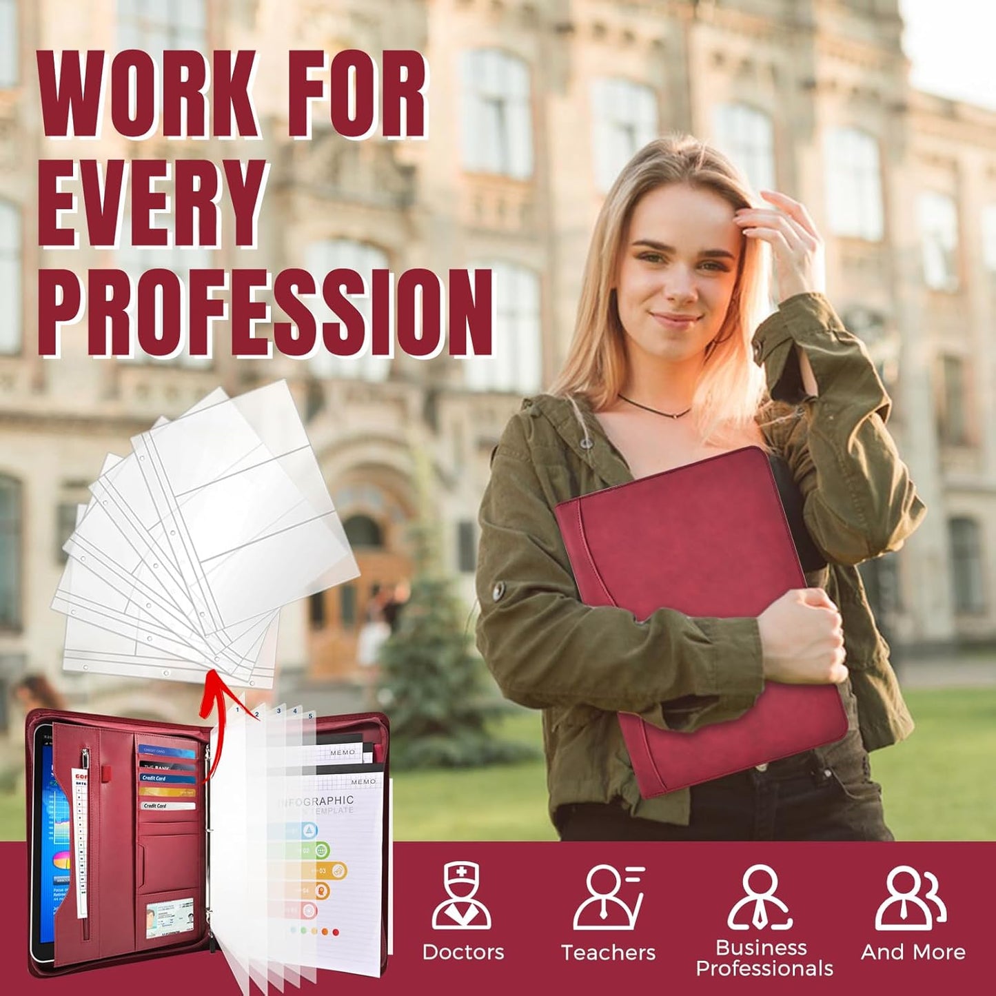 Padfolio Portfolio Folder Binder-Organizer Planner Notebook Zippered Portfolio Padfolio for Women & Men with Document Sleeve,Letter/A4 Size Clipboard,Business Card Holders (Brown Leaf)