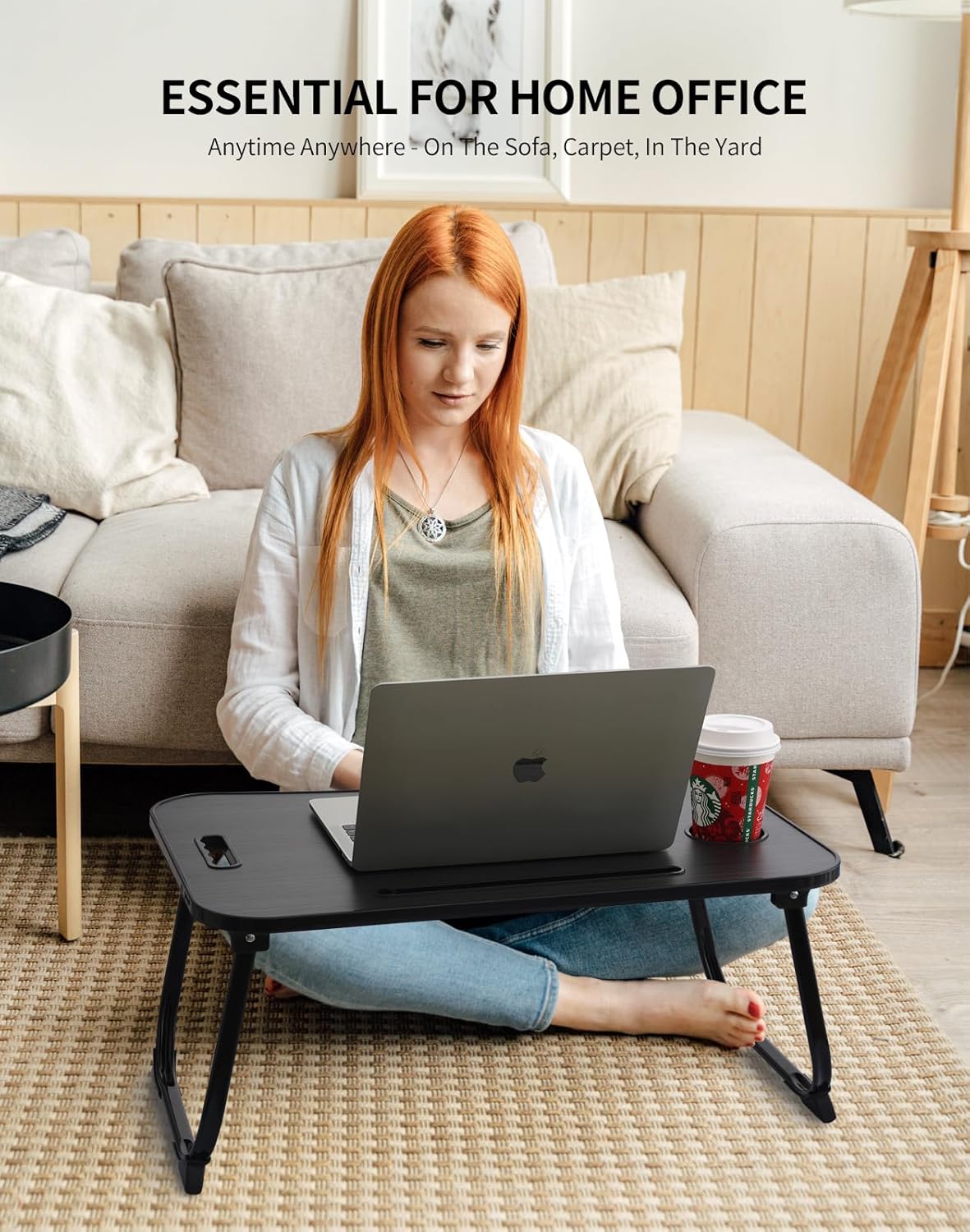 ZEAPTAC Laptop Bed Desk, Foldable Lap Desk, Portable Lap Table, Laptop Stand with Cup Holder, Tablet Slot & Lifting Handle for Work, Write, Draw & Eat on Bed, Sofa or Couch - Pink