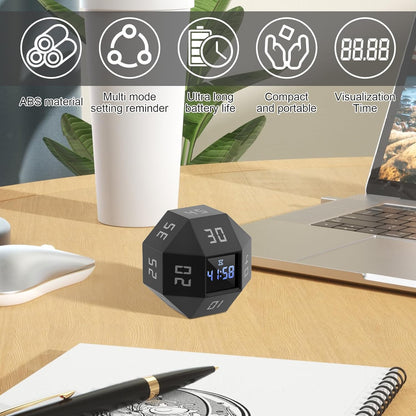 Cube Timer, ABS Rotating Pomodoro Timer Time Management Cube with 12 Side Time Module Rechargeable Pomodoro Timer 3 Alarm Reminder Modes Cube Timer Suitable for Bedroom