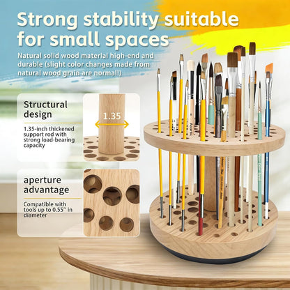 360 Degree Friction-Free Rotating Paint Brush Holder, 52 Multi-Size Hole Natural Hardwood Storage Stand, Space-Saving Desktop Organizer for Artist, Watercolor, Makeup Brushes and Craft Tools (brown)