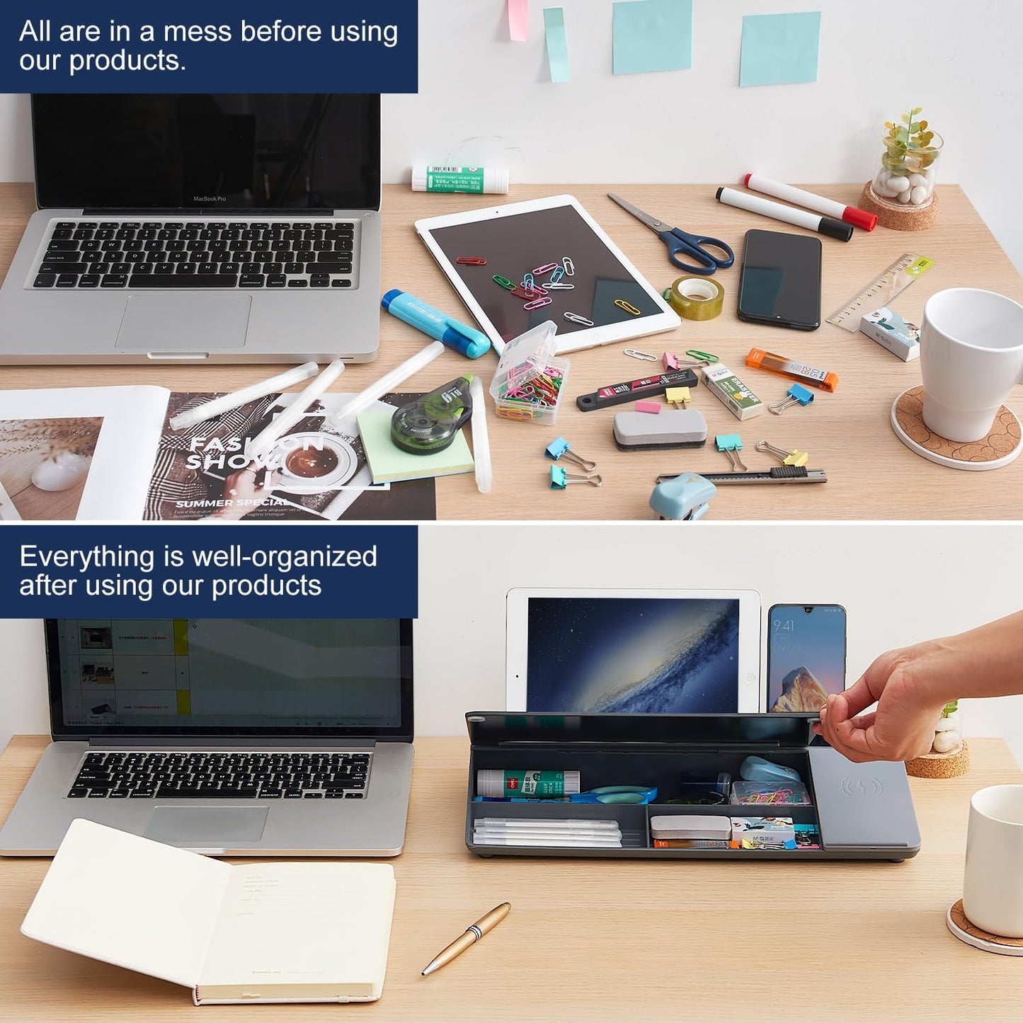 TSJ OFFICE Small Desktop Whiteboard -Glass Dry Erase Board Computer Keyboard Stand White Board Surface Pad with Drawer, Desk Organizers with Accessories for Office, Home, School Supplies - White