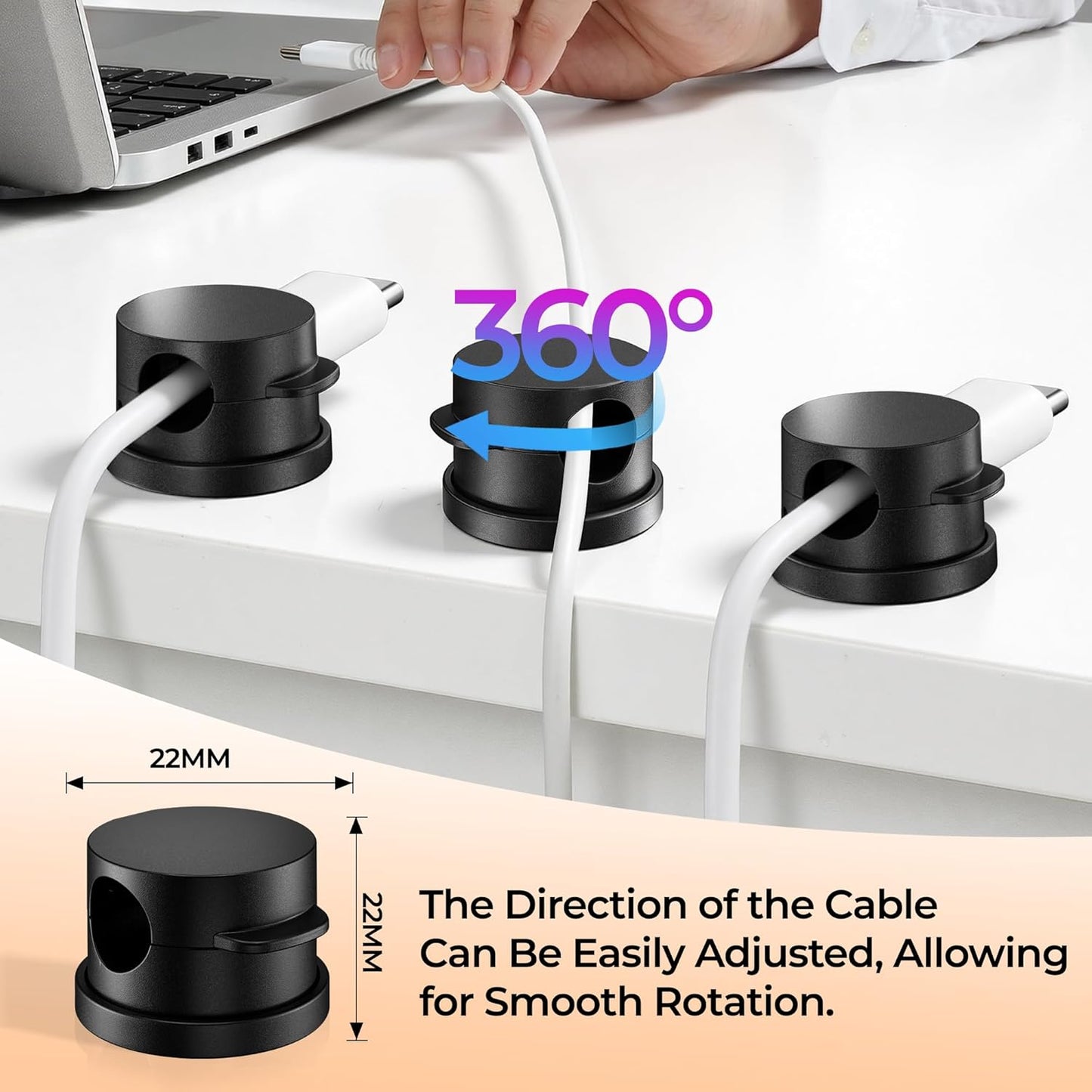 360° Rotatable Cord Organizer Set: 10 Pack Cable Holders & Silicone Cable Straps, Adhesive Wire Fixer for Desk Phone Charger, Nightstand Cable Management for Home Travel Office Accessories Black