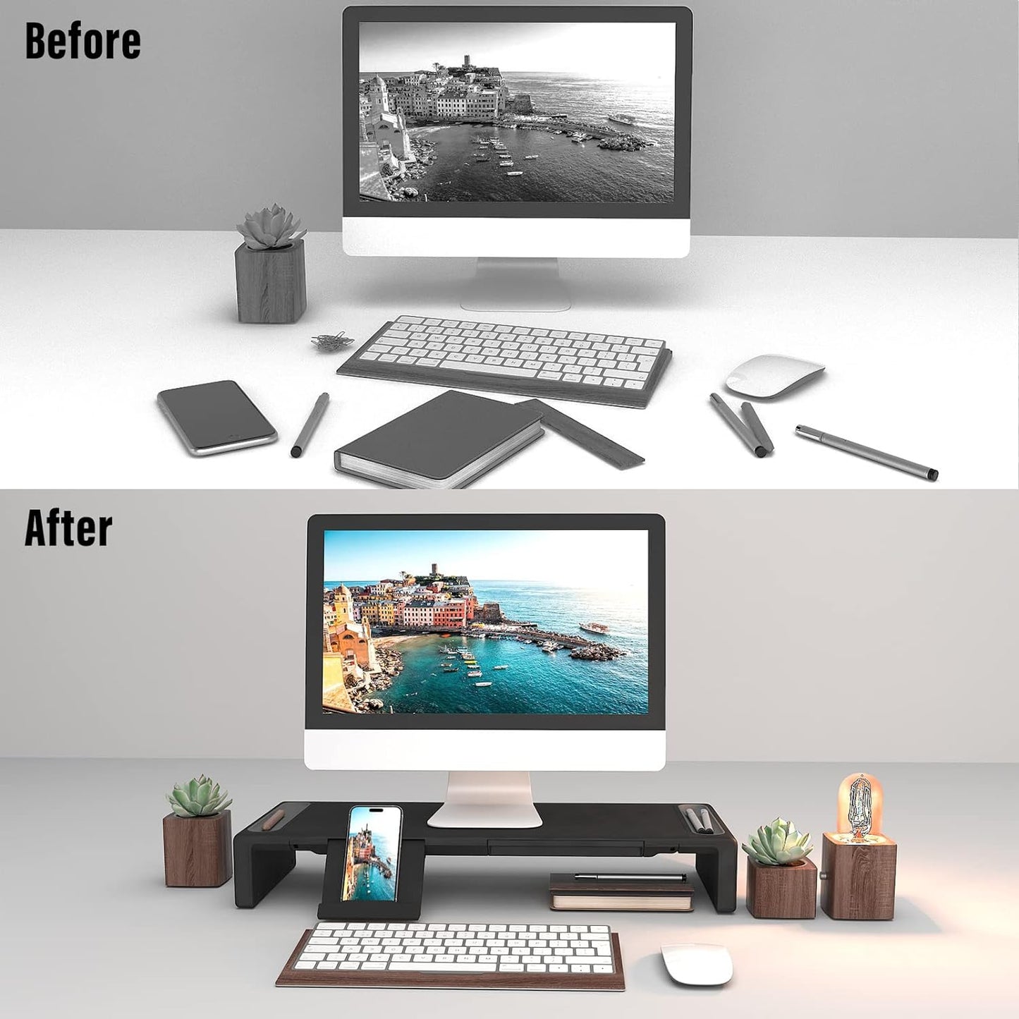 OImaster Adjustable Monitor Stand Riser with Drawer - Foldable Computer Stand for Desk, Desktop Organizer with Phone Holder & Pen Slot, Space Saving Laptop Riser for Home Office, Black