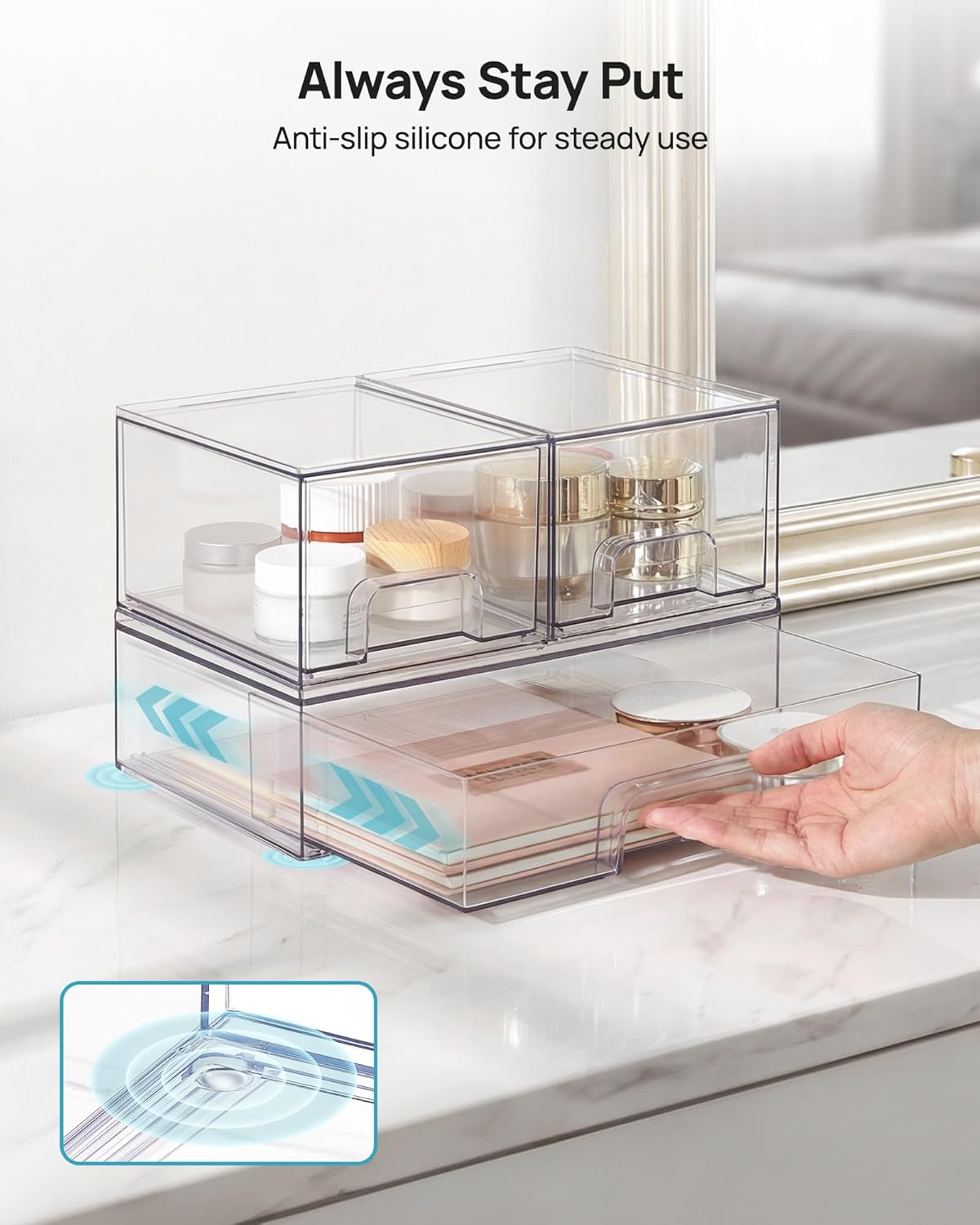 Vtopmart Stackable Storage Drawers Set of 3,Clear Plastic Organizer Bins for Makeup, Cosmetics, Beauty Supplies,Ideal for Vanity, Bathroom,Cabinet,Pantry Organization