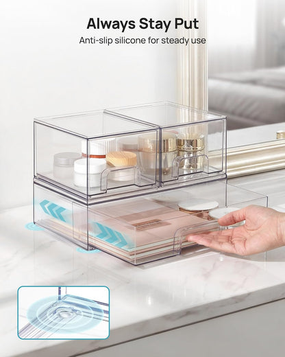 Vtopmart Stackable Storage Drawers Set of 3,Clear Plastic Organizer Bins for Makeup, Cosmetics, Beauty Supplies,Ideal for Vanity, Bathroom,Cabinet,Pantry Organization
