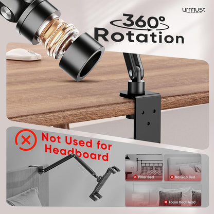 Urmust Tablet Stand for Desk, Adjustable iPad Holder for Bed, 360° Rotation, Sturdy Aluminum Tablet Arm Mount for 4.7"-15.6" iPad Pro/Air/Mini, iPhone, Galaxy Tab, for Kitchen, Work, Video Call
