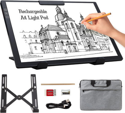 Rechargeable A4 Light Pad with Carry Bag & Stand,Ultra Thin Light Table with Clip,6 Levels of Brightness Light Box for tracing,Diamond Painting.led Light Board for Artists,Drawing,Sketching,Animation