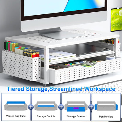 gianotter Monitor Stand Riser, Office Desk Shelf Organizer, Desk Organizer with Drawer and Pen Holder, 2-Tier Computer Stand, Office Organization (Ink)