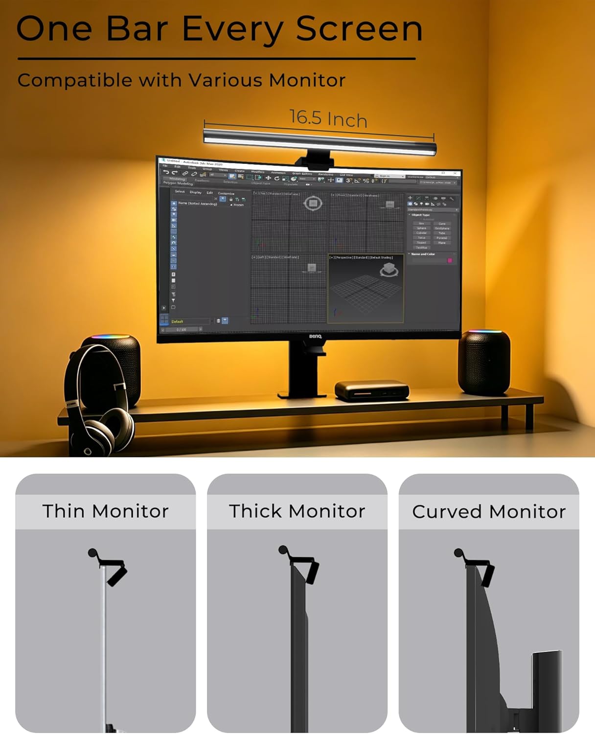 RGB Monitor Light Bar with Wireless Remote, Dual-Source Gaming Computer Lamp for Curved & Flat Monitors (0.39"-1.18"), Ambient Backlight, Stepless Dimming (Ra95), No Glare Desk Setup