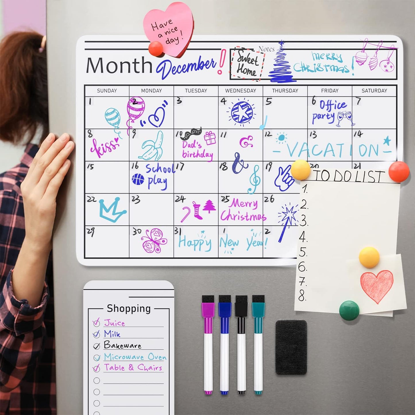 Amazon Basics Magnetic Dry Erase Calendar Whiteboard Set for Fridge, 3-Pack with 8 Markers and Eraser