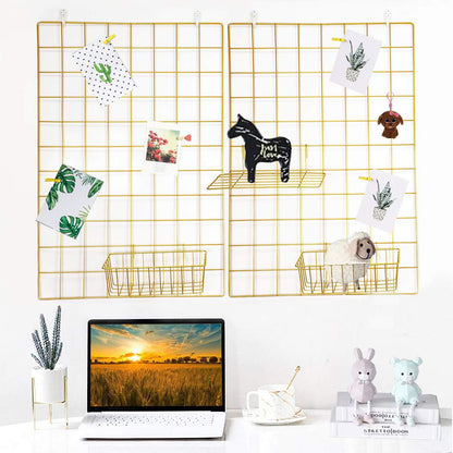 2 Pack Large Wall Grid Panels with Light and Clips, Photo Display Board, Picture Frame Collage Board, Wire Grid Wall Panel Room Decoration,Black