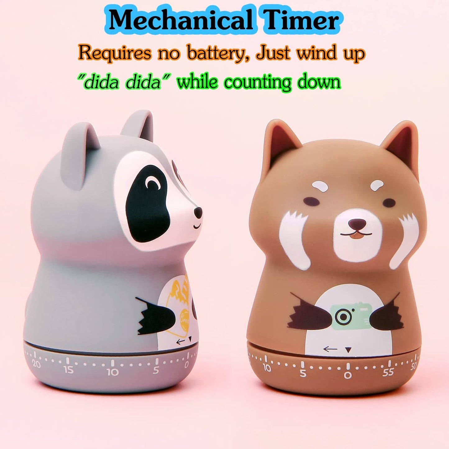 Mechanical Kitchen Timer - Cute Animal Wind Up 60 Minutes Manual Countdown Timer for Kids, Classroom, Home, Study and Cooking - Grey Raccoon