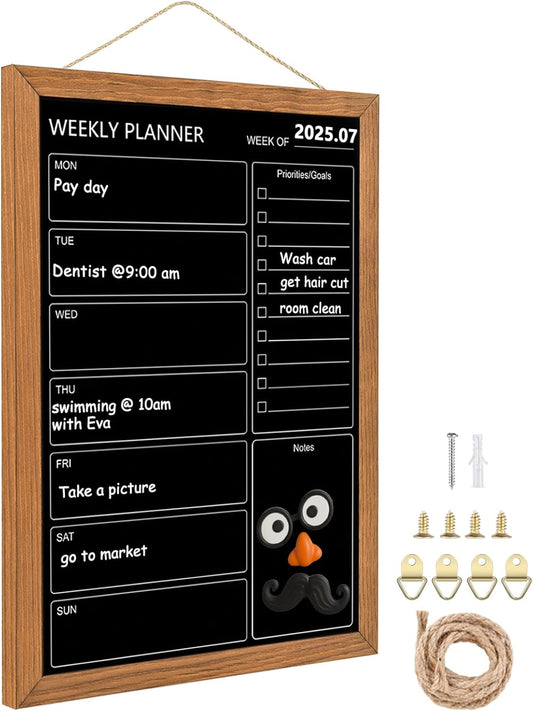 Calendar Weekly Chalkboard, 10.6" * 14.6", Magnetic Surface Rustic Brown Solid Pine Wood Frame Black Board for Office, School and Home(ZLHB-QZ-2737)