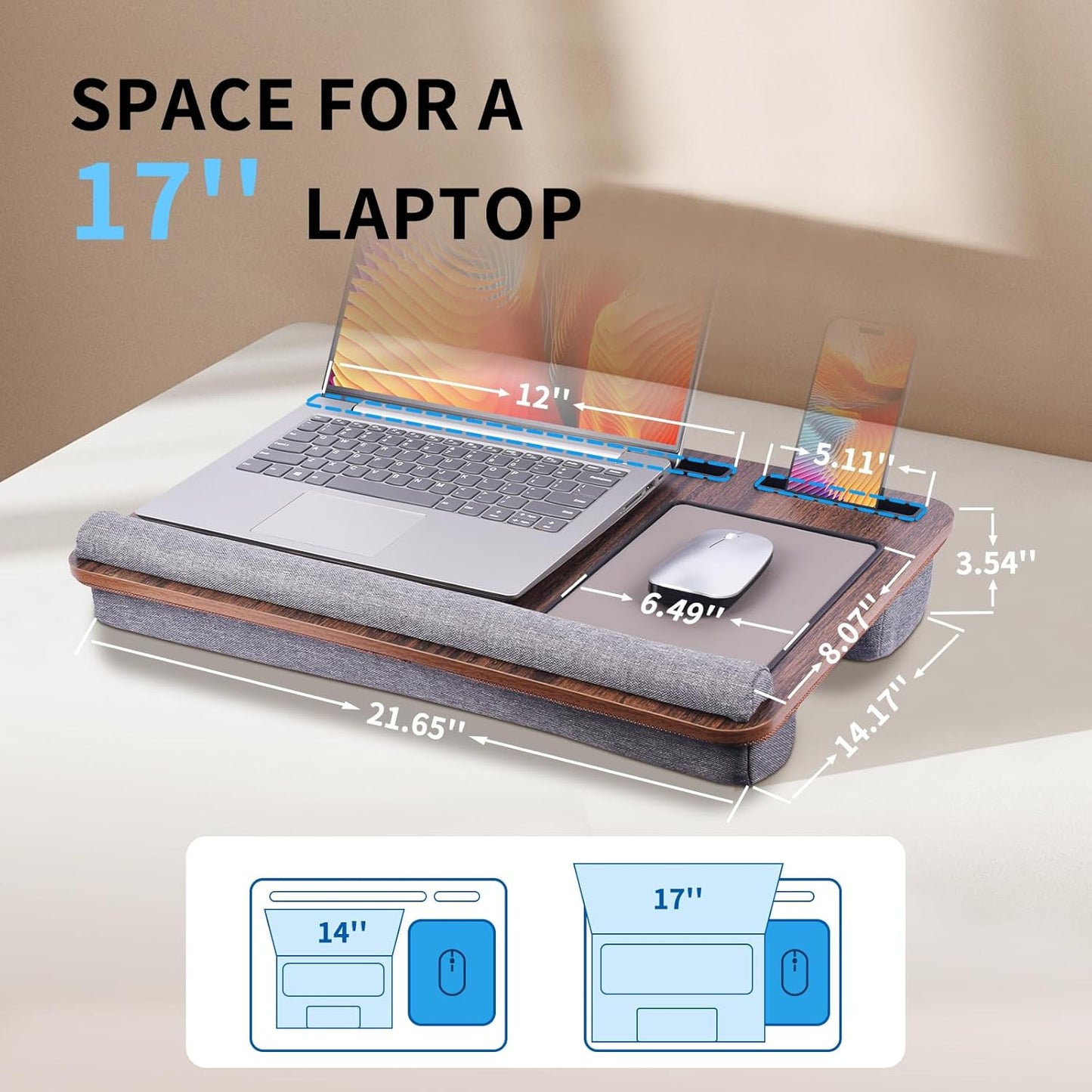 Home Office Lap Desk with Wrist Rest Wrist Rest, Mouse Pad, and Phone Holder Large Laptop Bed Desk for Notebook, Laptop, Tablet, Lap Stand Fits Up to 17 Inch Laptops (Woodgrain)