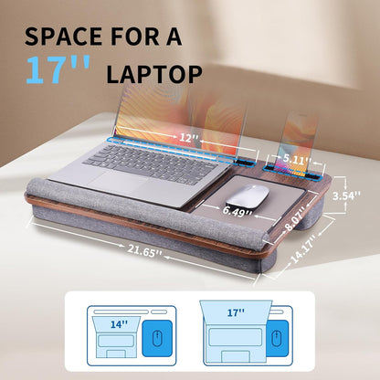 Home Office Lap Desk with Wrist Rest Wrist Rest, Mouse Pad, and Phone Holder Large Laptop Bed Desk for Notebook, Laptop, Tablet, Lap Stand Fits Up to 17 Inch Laptops (Woodgrain)