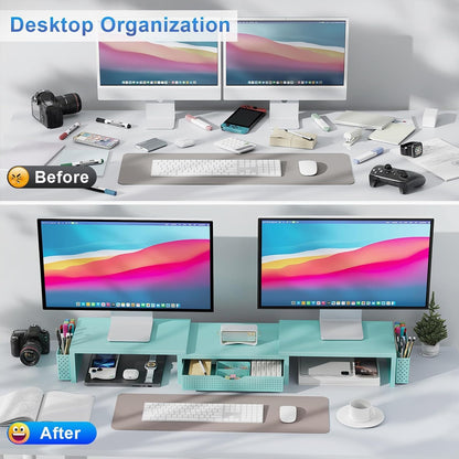 gianotter Dual Monitor Stand Riser, Desk Organizer With Drawer and 2 Pen Holders,Computer Monitor Stand, Desk Shelf for Top of Desk, Wood