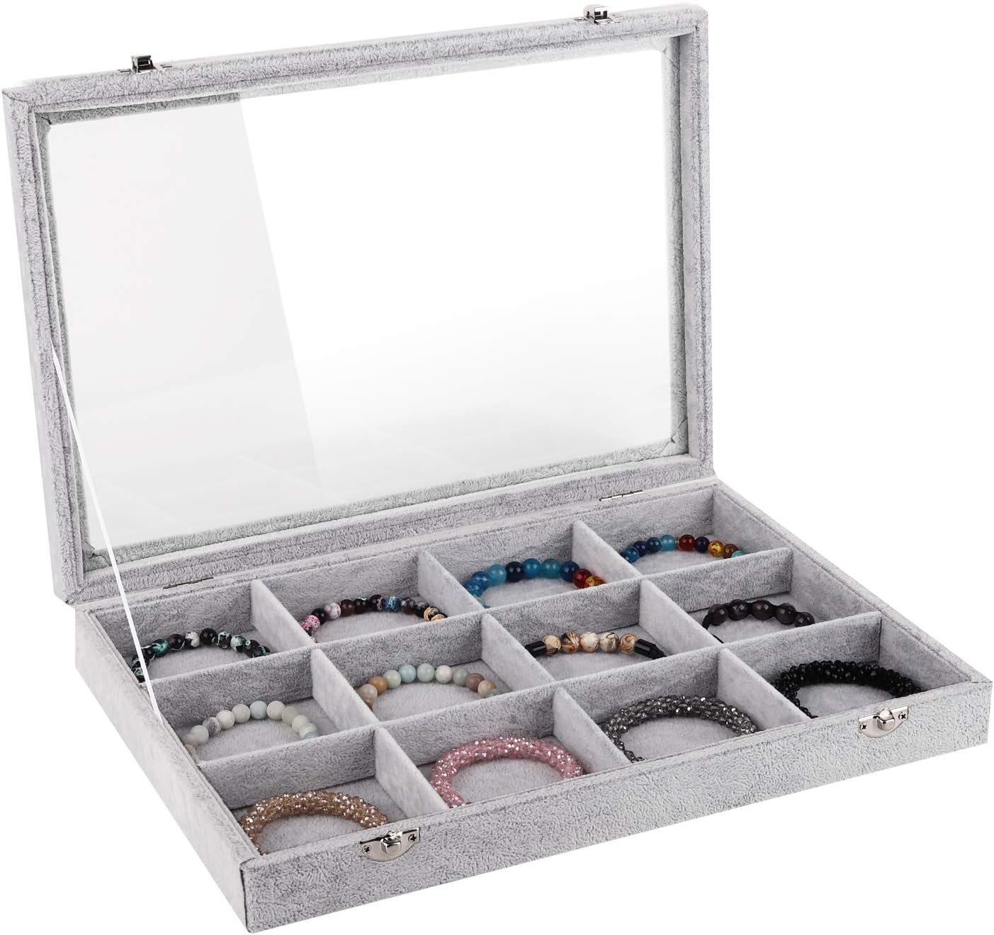 Emibele Glasses Organizer Jewelry Tray, 8 Grids with Clear Lid Velvet Tray Watch Storage Stackable Jewelry Showcase Display Storage with Detachable Inner Dividers, Beige