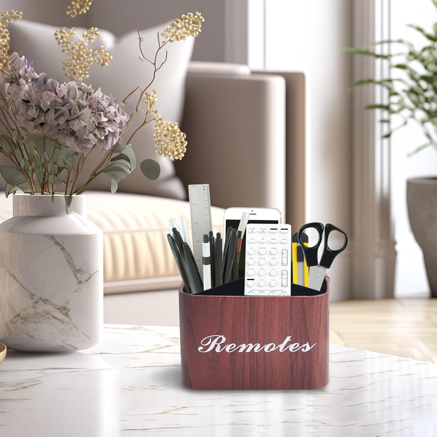 Round Leather Art Supply Organizer,Remote Control Holder,360 Degree Rotating,Multi-Functional Pencil Holder,4 Compartments Desktop Stationary Organizer(1-Fractal Flower) | Round - Colors B