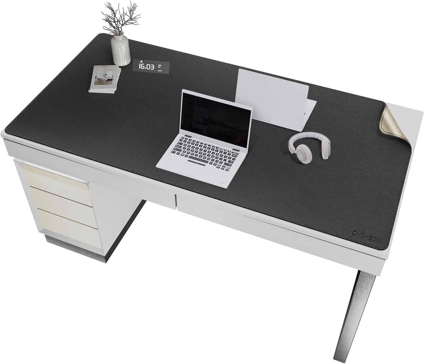 Chihein 2XL 35" x 16" Cork & PU Leather Desk Mat, Dual Sided Desk Pad Protector, Waterproof Writing Blotter for Gaming, Office, Home (Black)