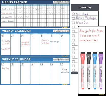 HOMiDEK Dry Erase Whiteboard for Fridge - Magnetic White Board for Refrigerator - 2 Sheets of Weekly Calenders, Monthly Habit Tracker, Memo Pad, to Do List and 4 Markers - 4" x 10"