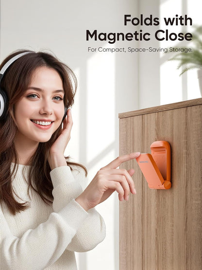 MAMUVIMO Headphone Stand, Headset Stand Foldable ＆ Sticky, Headphone Holder Hook Mount with Non-Slip Silicone, Adhesive Earphone Desk Hanger Clip Space-Saving for Airpods Max, All Earphones- Pink