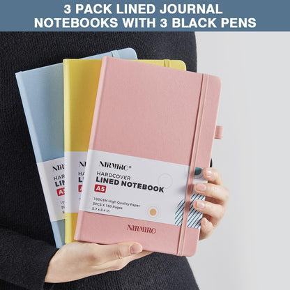 NIRMIRO 3 Pack Pocket Notebook Journals, Small Notepad Notebooks for Note Taking, A6 Mini Note pads with Pen Holder, 408 Lined Pages, 3.7" x 5.7", Black, Brown, Blue