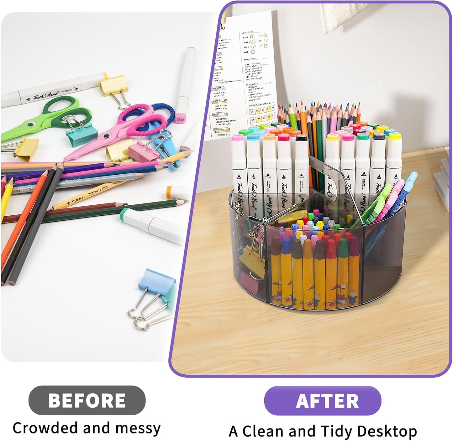 Mefirt Acrylic Pen Holder, 360 Degree Rotating Pen Organizer, Rotating Desk Acrylic Office Organizer with 6 Compartments, Marker Organizer for Kid, Crayon Caddy School Art Supply Storage Organizer