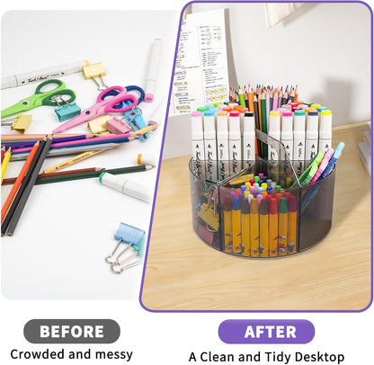 Mefirt Acrylic Pen Holder, 360 Degree Rotating Pen Organizer, Rotating Desk Acrylic Office Organizer with 6 Compartments, Marker Organizer for Kid, Crayon Caddy School Art Supply Storage Organizer