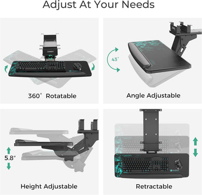 EUREKA ERGONOMIC Height Adjustable Mouse & Keyboard Tray Under Desk, 28x10'' Large Slide Out Swivel Tilt Computer Keyboard Drawer with Pad for Gaming Home Office, Dual Mount