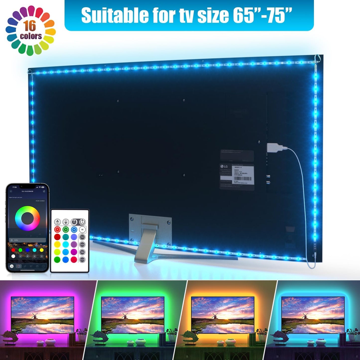 PANGTON VILLA TV LED Backlight for 40-60 Inch TV, 8.2ft LED Lights for TV with Bluetooth APP & Remote Control, 16 Color Led Strip Lights Changing TV Lights Behind with Music Sync for Bedroom