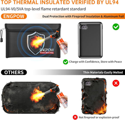 ENGPOW Fireproof Organizer Travel Bag,Heat Insulated＆Explosion-Proof Electronic Carry Case,Portable Home Travel Safe Storage for Power Bank,Phone,Cables,USB Drive＆Charging Protection, 10.6''x6.7''