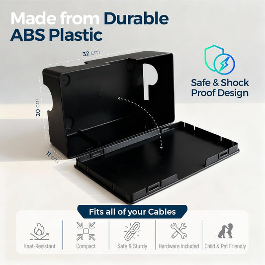 Cable Management Box with Included Mounting Hardware – ABS Cord Organizer (12,7 x 7,8 x 4,5 in) | Heat-Tolerant Power Strip & Cable Storage | Wall-Mountable or Floor Use