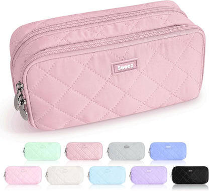 Sooez Large Pencil Case Pouch, Extra Big Pencil Bag with 8 Compartments, Pen Bag Wide Opening, Soft Quilted Pencil Pouch Organizer with Zipper, Portable Pencil Case for Teen Girls, Pink