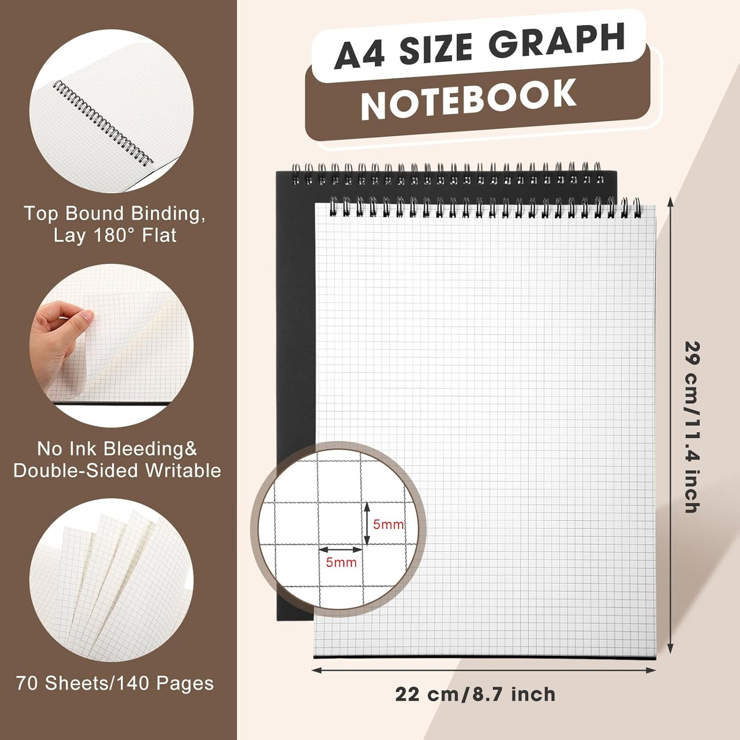 Engrowtic Top Spiral Graph Paper Notebooks 8.7 X11.4 Inch A4 Grid Paper Notepad 70 Sheet Memo Steno Pad for Engineering Writing Sketching Drawing School Office Supplies (1 Pack,Black)