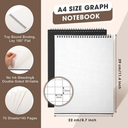 Engrowtic Top Spiral Graph Paper Notebooks 8.7 X11.4 Inch A4 Grid Paper Notepad 70 Sheet Memo Steno Pad for Engineering Writing Sketching Drawing School Office Supplies (1 Pack,Black)