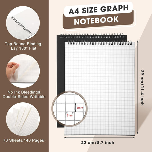 Engrowtic Top Spiral Graph Paper Notebooks 8.7 X11.4 Inch A4 Grid Paper Notepad 70 Sheet Memo Steno Pad for Engineering Writing Sketching Drawing School Office Supplies (1 Pack,Black)
