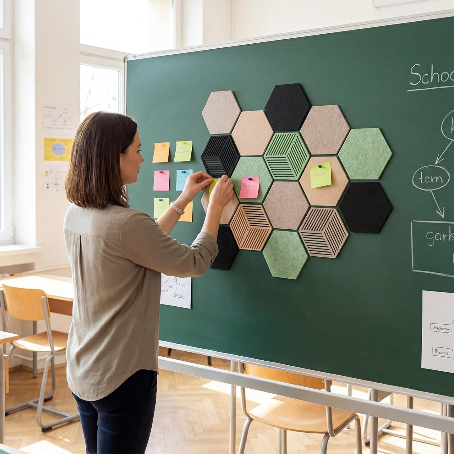 FOCHIER F 10PCS Hexagon Cork Boards for Walls Decor,12"*10.2" Felt Bulletin Board Tiles Sets for Home Office Class Kitchen with 50 Push Pins,Self Adhesive DIY Pin Board for Photos Memos