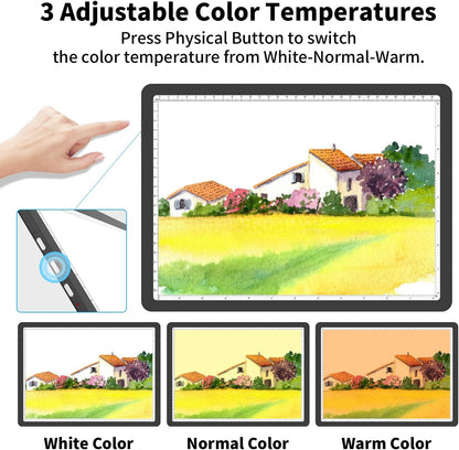 Rechargeable A4 Light Board for Diamond Painting, 9000 Lux Tracing Light Box with Side Physical Buttons, 3 Colors and 6 Levels of Brightness, LED Light Pad for Diamond Art, Drawing, Weeding Vinyl