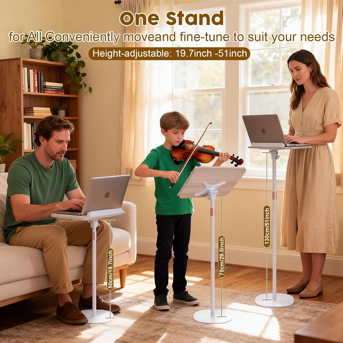 2 in 1 Dual-use Music Stand & Desktop Book Stand, Adjustable Height 16.5"-51", 100% Solid Wood Laptop Floor Stand Book Holder with Page Clips for Cookbooks, Sheet Music (Brown)