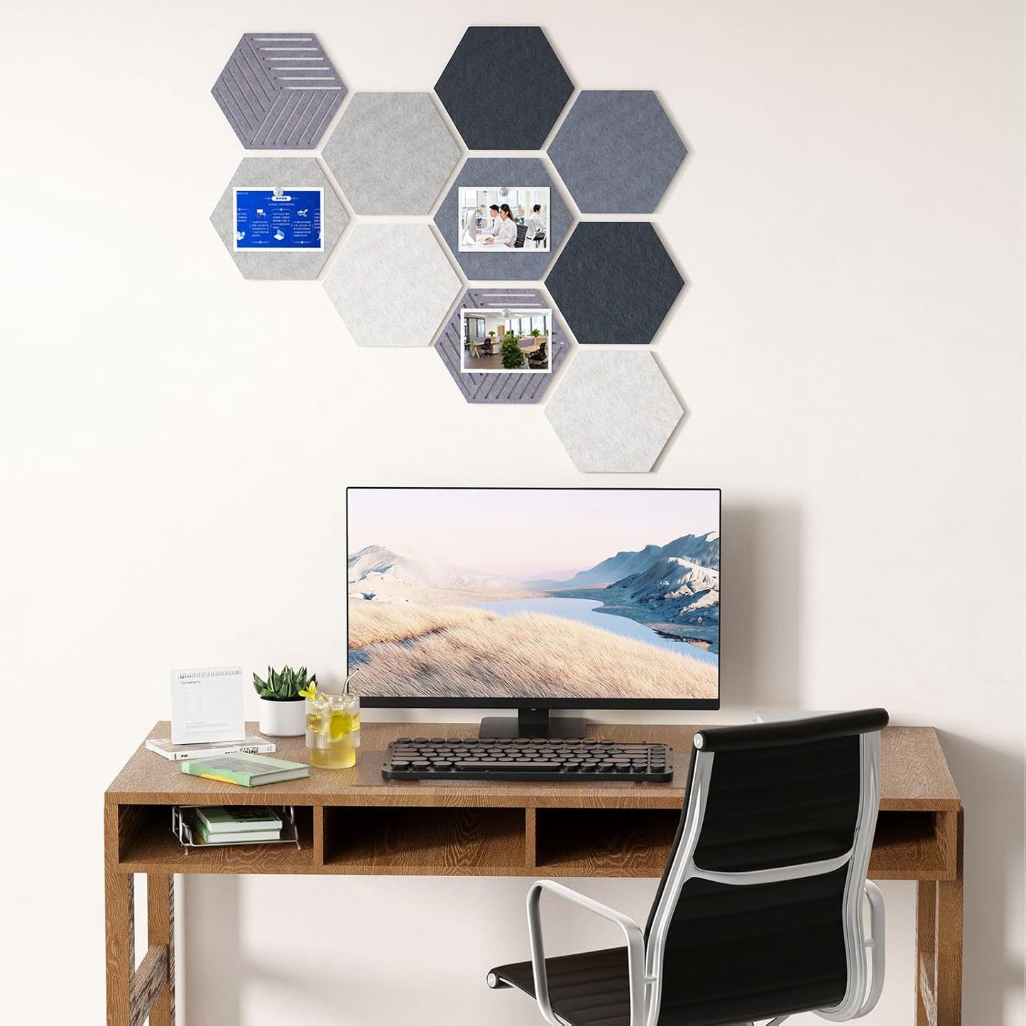 FOCHIER F 10PCS Hexagon Cork Boards for Walls Decor,12"*10.2" Felt Bulletin Board Tiles Sets for Home Office Class Kitchen with 50 Push Pins,Self Adhesive DIY Pin Board for Photos Memos